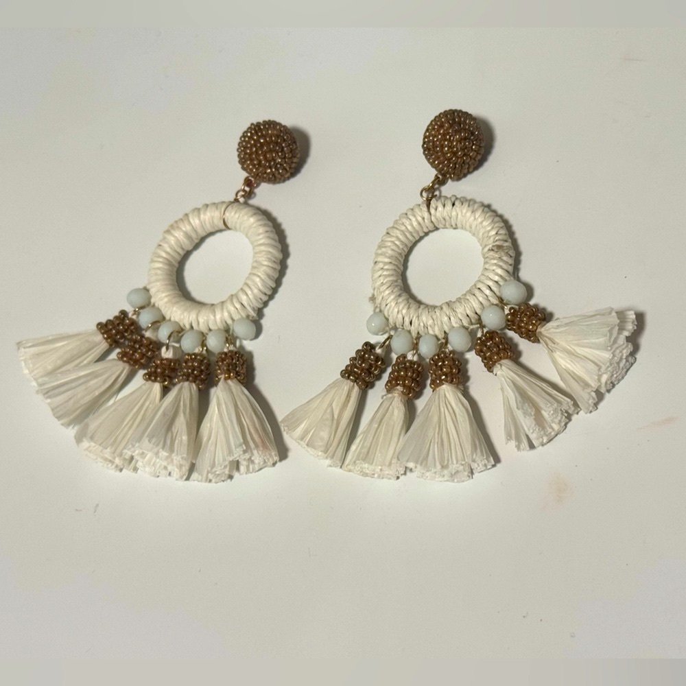 Elegant White and Gold Beaded Tassel Earrings ✨
